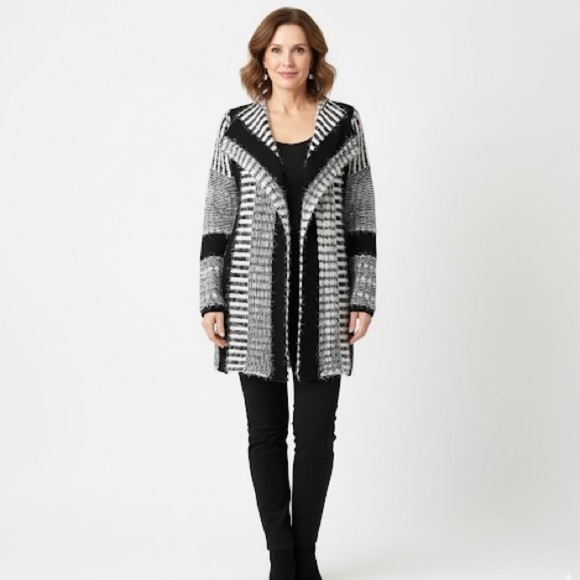 MS Mad Style Sweaters - MS Mad Style Cardigan Black/White Fuzzy Long Knit S/M